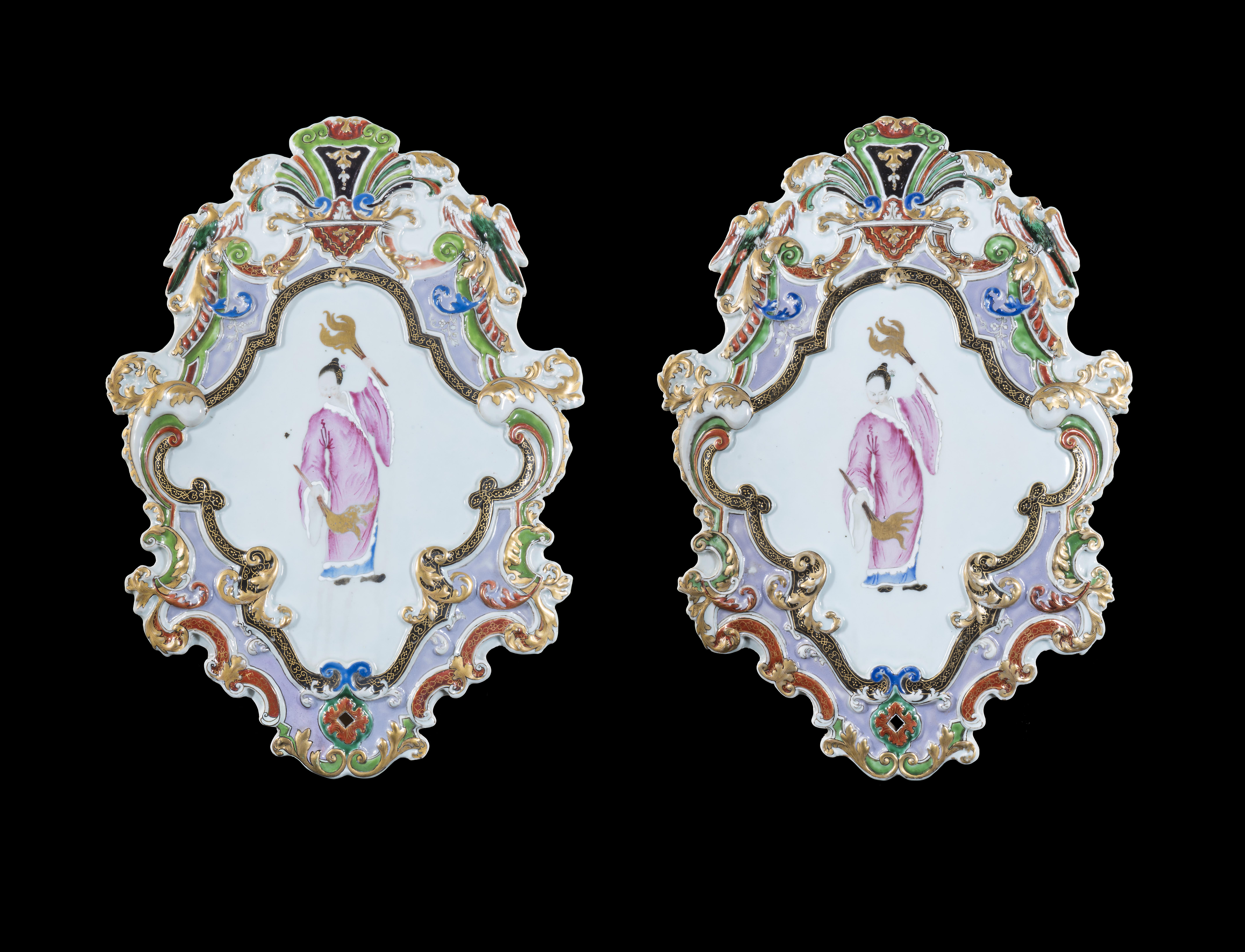Pair of Chinese export porcelain wall sconces with the torchbearer design attributed to Cornelis Pronk